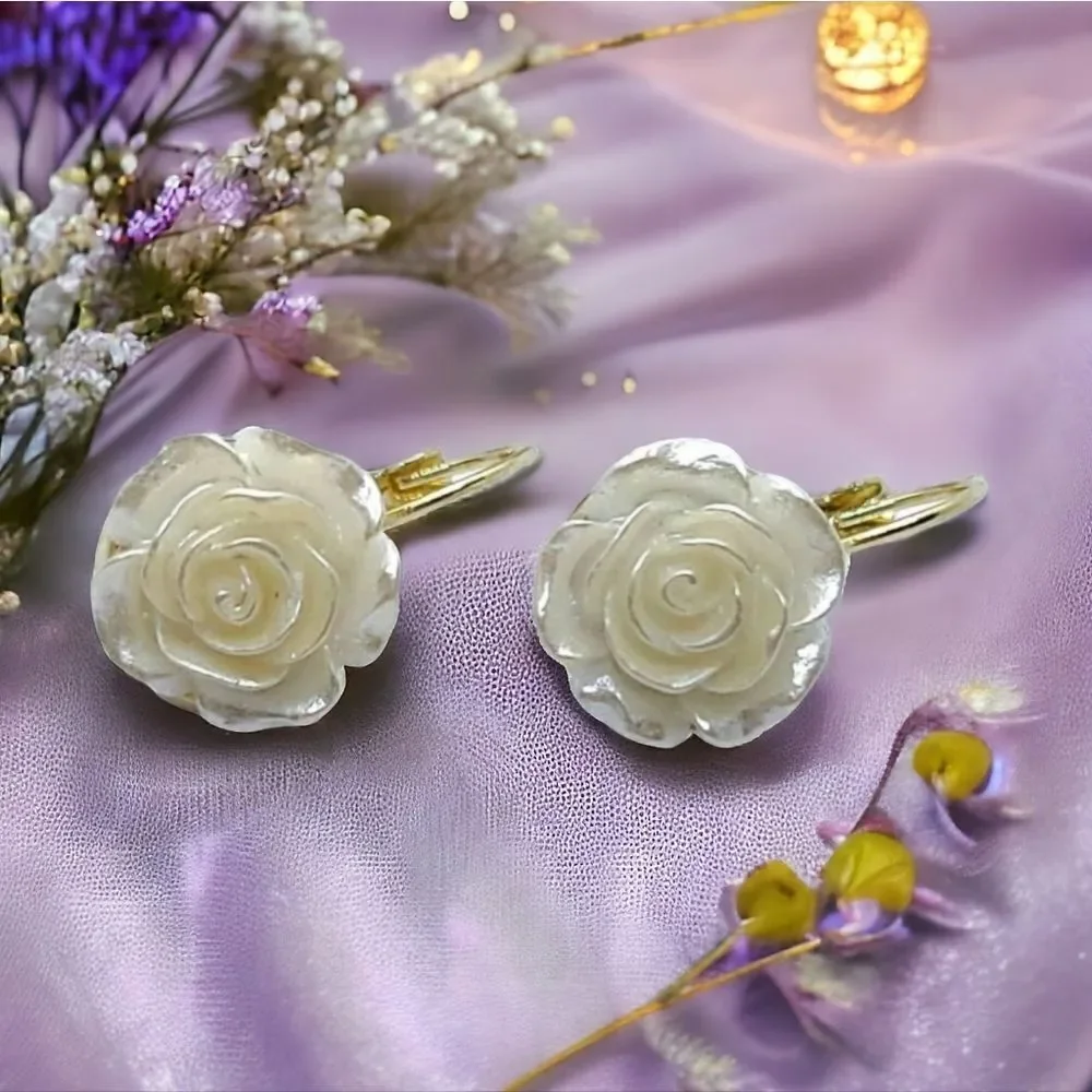 Ivory Camellia Rose Flower Earrings Gold Leverback Bridal Wedding Romantic Glam